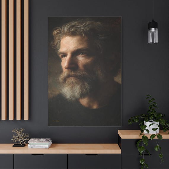 Classical Male Portrait Canvas - Vintage Bearded Man Print - Dark Academia Decor - Impasto Oil Painting - Masculine Study Wall Art