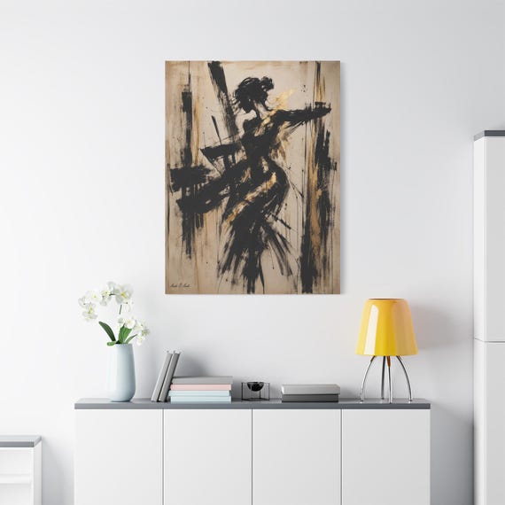 The Obsidian Muse Canvas Print - Black and Gold Impasto Wall Art - Couture Portrait Decor - Dark Glam Figure Painting - Chic Room Art