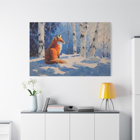 Red Fox in Snow Canvas Print - Impasto Winter Wildlife Art - Birch Tree Landscape Print - Woodland Animal Decor - Rustic Cabin Wall Art