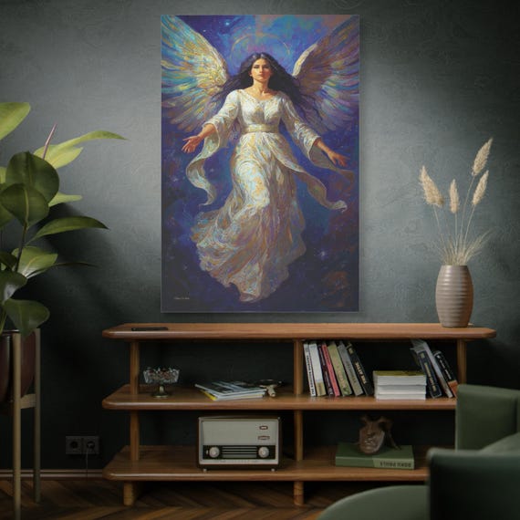 Archangel's Radiance, Angel Canvas Print, Spiritual Decor, Vibrant Angel, Meditation Space Decor,Guardian Angel, Celestial Wall Art.