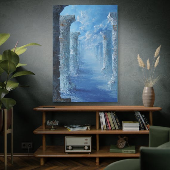 The Pillars, Stretched Canvas Wall Art, Matte Finish Oceanic Landscape Painting, Home Decor, Gift Ideas for Art Lovers, Blue Aesthetic