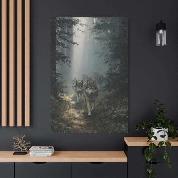 Wolf Pack Matte Canvas Print: Forest Scene Nature Wall Art
