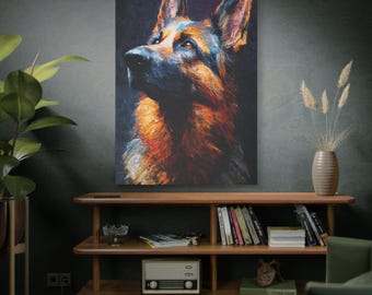 May include: A canvas print featuring a German Shepherd dog. The artwork showcases the dog's head and shoulders, with a focus on its alert expression. The dog's fur is rendered in shades of black, brown, and orange, set against a dark background.