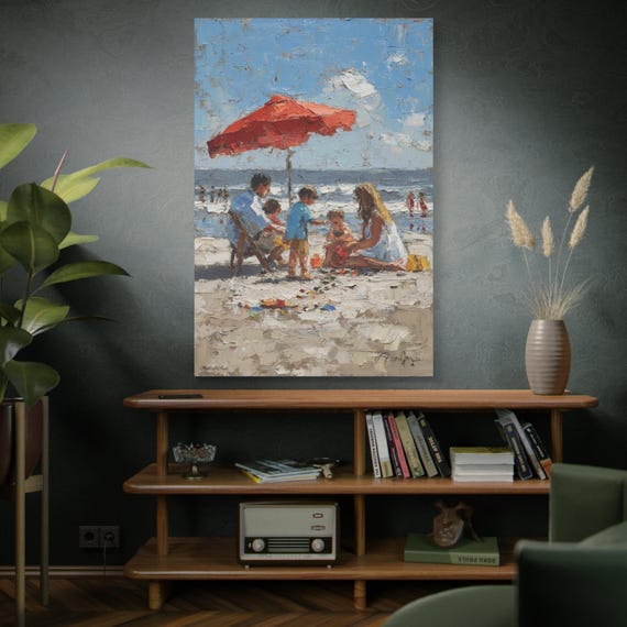 Red Umbrella Family Beach Canvas Art Print, Seaside Coastal Decor