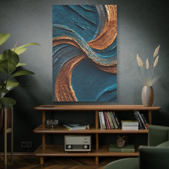 Teal and Copper Impasto Canvas Art, Abstract Vortex Wall Decor