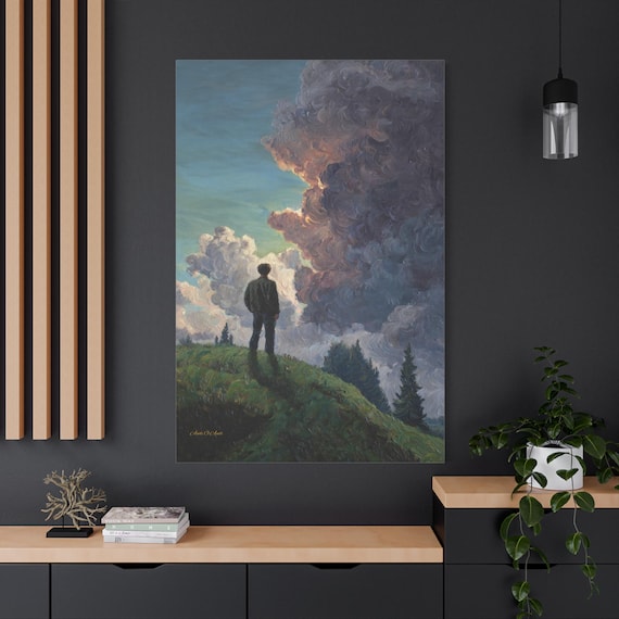 Man Watching Storm Canvas Print - Dramatic Cloud Landscape - Impasto Figure Painting - Moody Nature Wall Art - Contemplative Office Decor