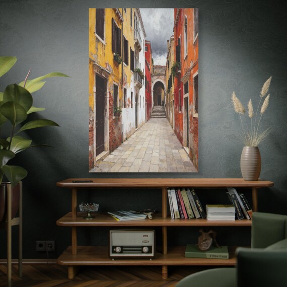 Italian Street Canvas Print - European Cityscape Wall Art - Impasto Alleyway Print - Colorful Mediterranean Decor - Travel Lover Gift