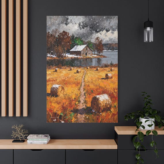 First Snow at the Harvest, Rustic Impasto Landscape Canvas, Golden Hay Bales & Farmhouse Wall Art.