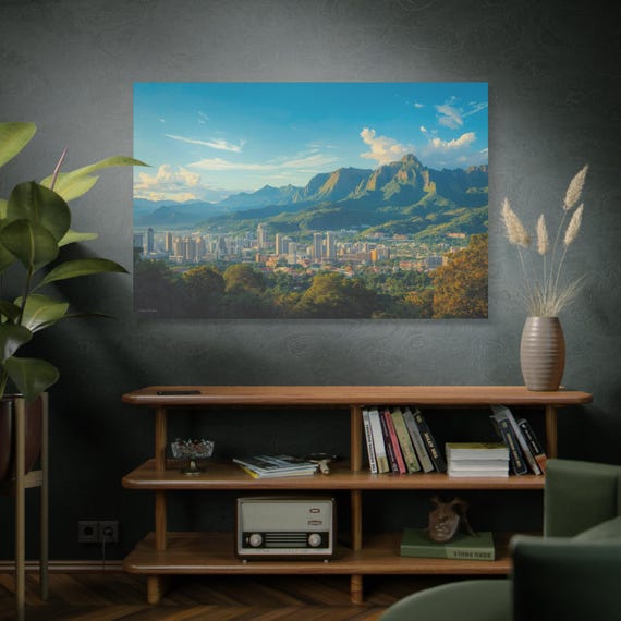 Golden Hour Basin,  Mountain Skyline Canvas | Cityscape Oil-Style Wall Art, Wall Decor, Office Decor, Living Room Art.