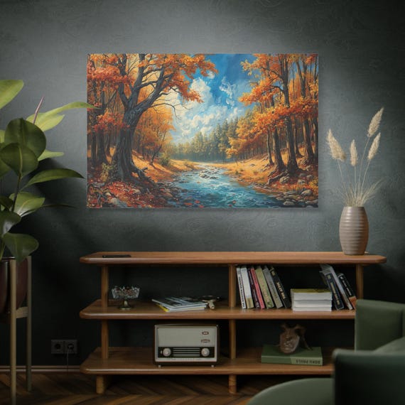 Wilderness Stones and Stream, Autumn Forest River Matte Canvas Print, Autumn Art, Seasonal Decor, River Painting Artwork.