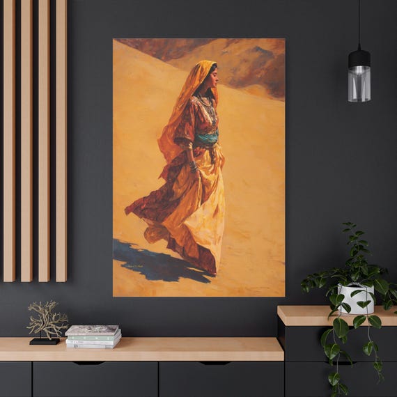 Desert Woman Canvas Print - Impasto Sand Dune Print - Golden Yellow Dress Art - Bohemian Wall Decor - Cultural Portrait - Earthy Tones