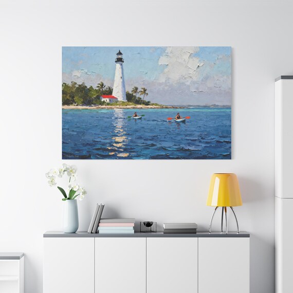 Lighthouse Canvas Wall Art, Nautical Home Decor, Ocean Landscape Stretched Print, Coastal Art for Beach Lovers, Gift for Sailors