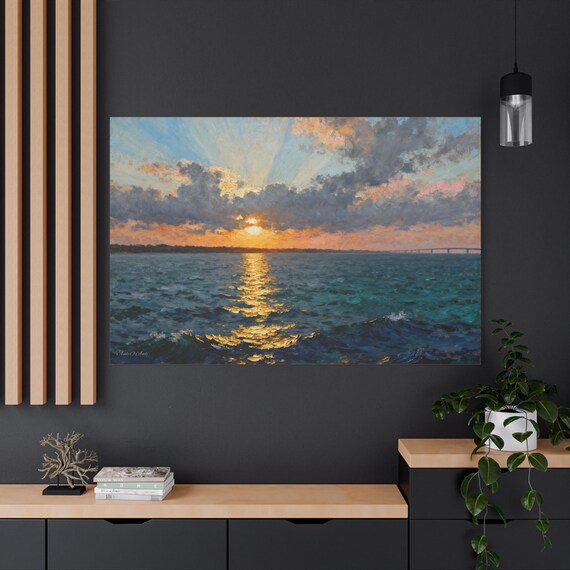 Ocean Sunset Canvas Art: Coastal Seascape Painting, Beach House Decor