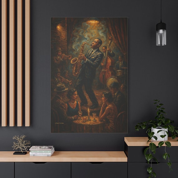 Jazz Club Canvas Print, Saxophone Player Wall Art, Moody Music Room Decor, Impasto Style Jazz Band Painting, Speakeasy Bar Art.