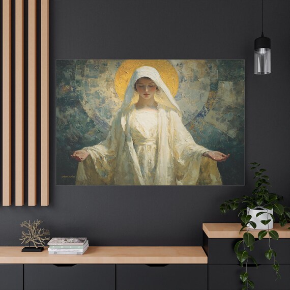 Virgin Mary Canvas Print - Sacred Feminine Wall Art -  Mother Mary Canvas - Christian Home Decor - Golden Halo Spiritual Art