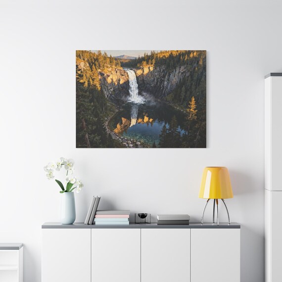 Waterfall & Mountain Canvas Wall Art: Rustic Nature Landscape Print