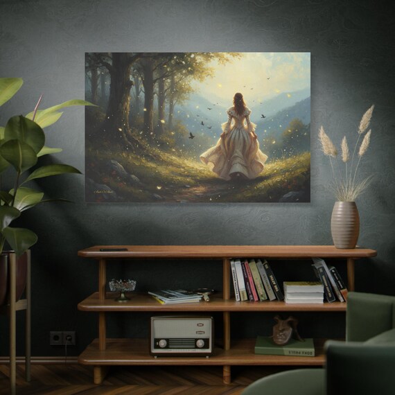 Forest Of Aria, Woman in Flowing Gown Canvas, Forest Decor, Romantic Canvas, Gift for Her, Princess Art, Bedroom Decor.