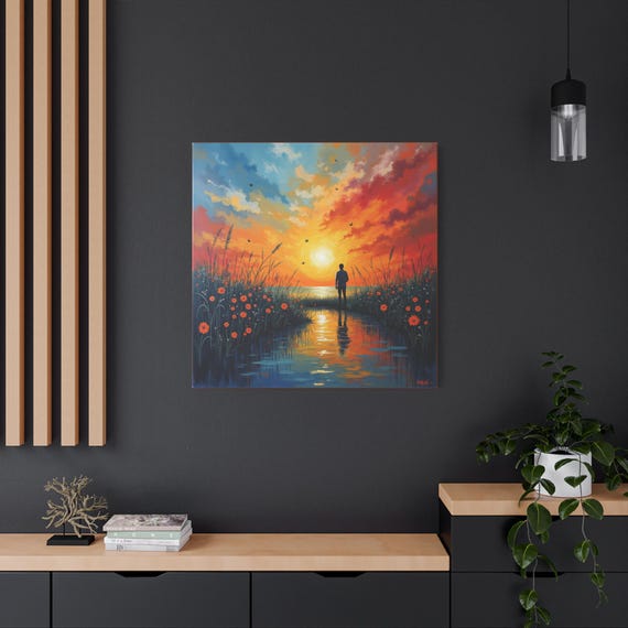 Sunset Serenity Canvas Art: Floral Landscape Painting, Nature Wall Decor