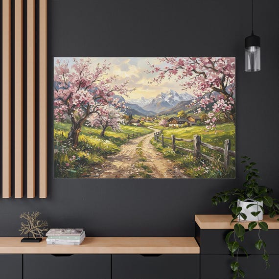 Cherry Blossom Landscape Canvas - Alpine Village Wall Art - Spring Mountain Print - Cherry Tree Canvas - Cottagecore Decor - Pink Floral