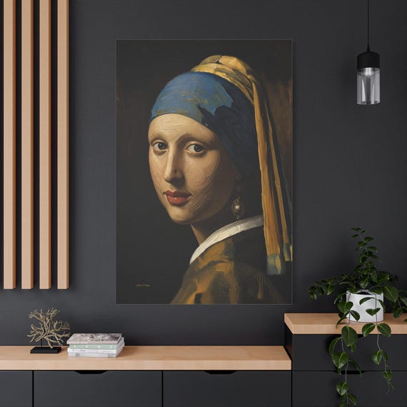 Girl with a Pearl Earring Canvas - Vermeer Impasto Print - Classic Art Wall Decor - Vintage Museum Portrait - Dark Academia - Textured Look