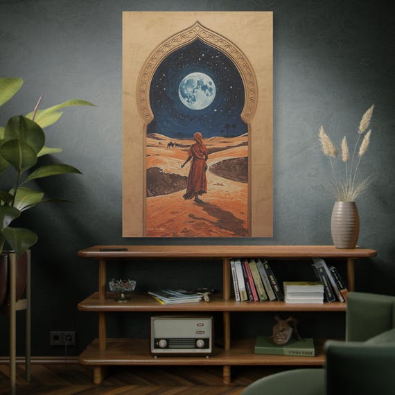 Archway of the Lunar Wanderer, Arabian Art, Boho Wall Decor, Moonlit Desert, Night Sky Art, Ethnic Art, Canvas Print.