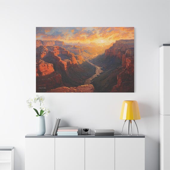 Grand Canyon Sunset Canvas - Southwest Landscape Art - Impasto Nature Print - Orange & Rust Wall Decor - National Park Print - Arizona Art