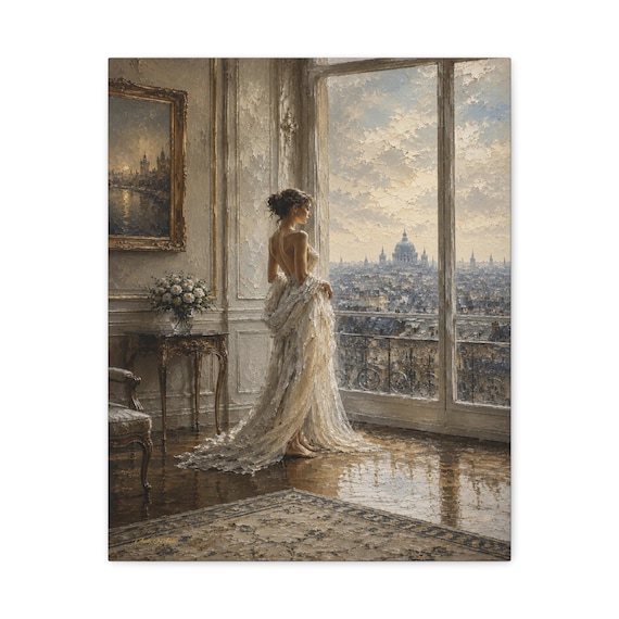 Parisian Window Canvas Print - Elegant Woman Wall Art - Romantic French Cityscape - Impasto White Dress Print - Neutral Luxury Decor