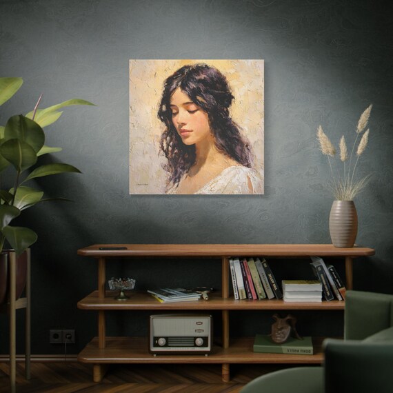 Serene Reverie, Young Woman Portrait Oil Painting Matte Canvas, Living Room Art, Boho Wall Art, Bedroom Decor, Peaceful Portrait.