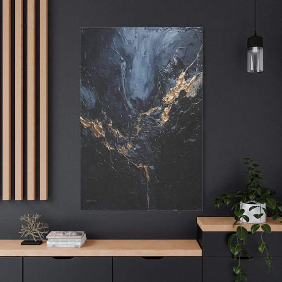 Luxury Black & Gold Abstract Canvas - Midnight Blue Marble Art - Kintsugi Style Gold Vein Print - Modern Office Decor - Glam Wall Art