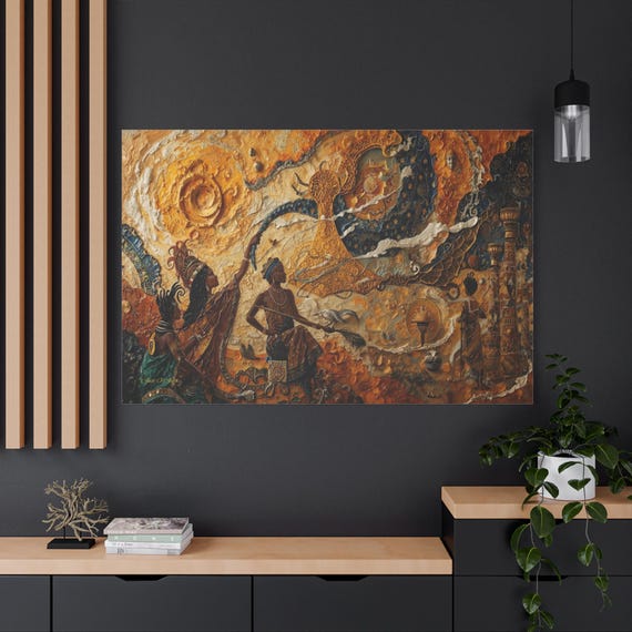 African Heritage Canvas Print - Ancient Tribal Mythology Mural - Gold Impasto Ancestral Art - Afrocentric Wall Decor - Storytelling Print