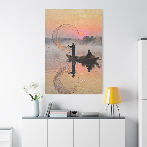Fishermen at Sunrise Canvas Print: Vintage Fishing Scene Wall Art