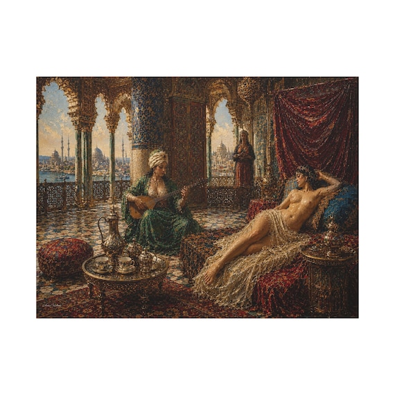 Orientalist Harem Canvas Print - Classical Palace Wall Art - Maximalist Boudoir Decor - Impasto Sensual Print - Jewel Tone Fine Art