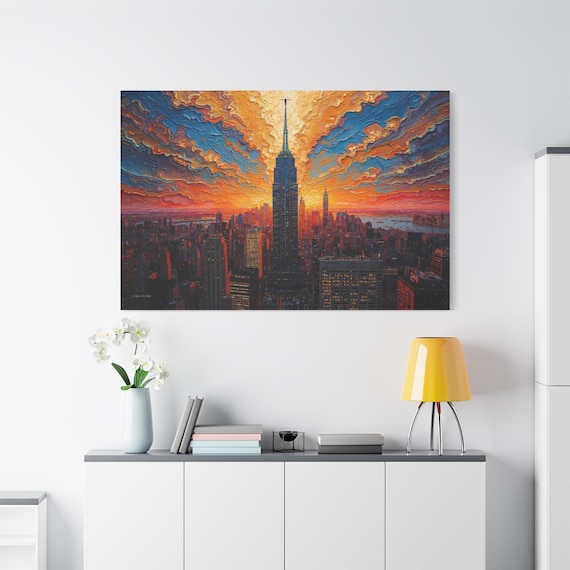 The Zenith of Manhattan, Sunset Cityscape Empire State Building, Canvas Print, Office Decor, Modern Canvas, Living Room Art. Colorful City.