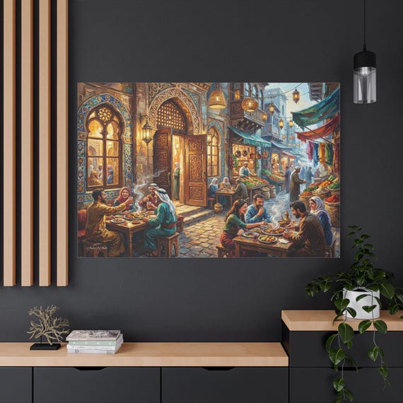 Traditional Middle Eastern Feast Canvas Print, Arab Family Dining Art, Impasto Style Souk Painting , Warm Kitchen Decor, Restaurant Wall Art