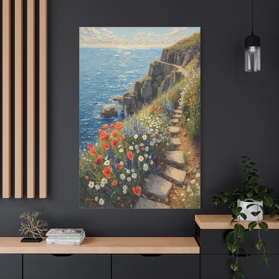 Wildflower Coastal Canvas - Impasto Ocean Print - Cliffside Path Print - Floral Seascape Wall Art - Red Poppies - Mediterranean Decor