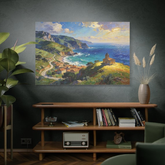 Mediterranean Coastal Village Canvas - Impressionist Ocean Landscape Art - Church on Cliff Canvas - Impasto Seascape - Italian Coast Print