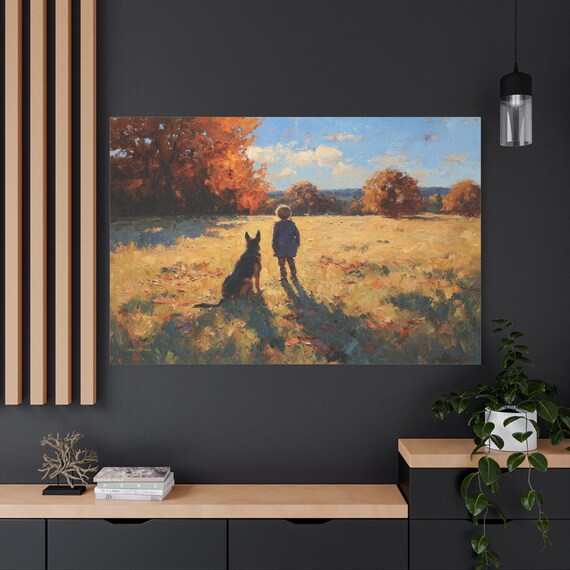 Boy and Dog Canvas Print - Autumn Landscape Wall Art - Impasto Fall Print - German Shepherd Decor - Nostalgic Childhood Art - Rustic