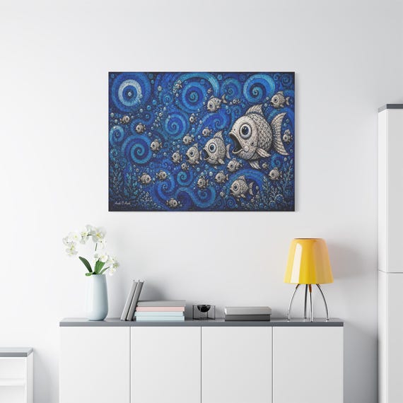 Whimsical Fish Canvas Print - Blue Swirl Ocean Art - Coastal Room Decor - Mosaic Style Sea Life - Nautical Maximalist Print