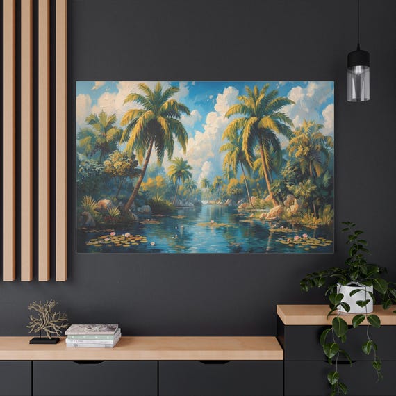 Tropical Oasis Canvas Print - Serene Palm Tree & River Landscape - Impasto Style Oil Painting Wall Art - Coastal Home Decor for Living Room