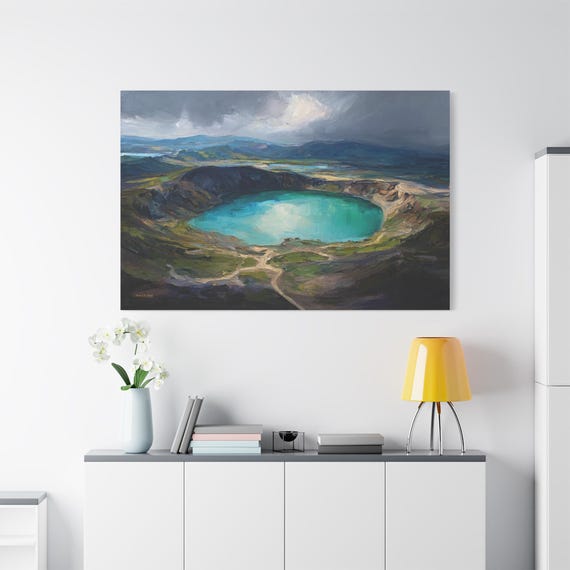 Moody Crater Lake Canvas - Impasto Landscape Print - Turquoise Water Wall Art - Nature Adventure Decor - Mountain Scenery - Earthy Art