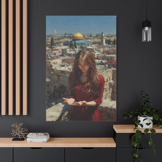 Jerusalem Canvas Print - Contemplative Woman Art - Holy Land Wall Decor - Impasto Dome of the Rock Print - Spiritual Portrait - Faith Art