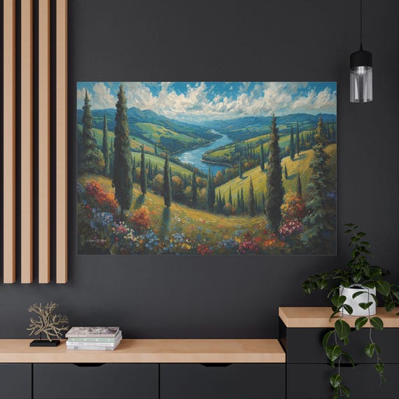 Tuscan Landscape Canvas Print - Italian Countryside Art - Impasto Cypress Tree Painting - River Valley View - Rustic Living Room Decor