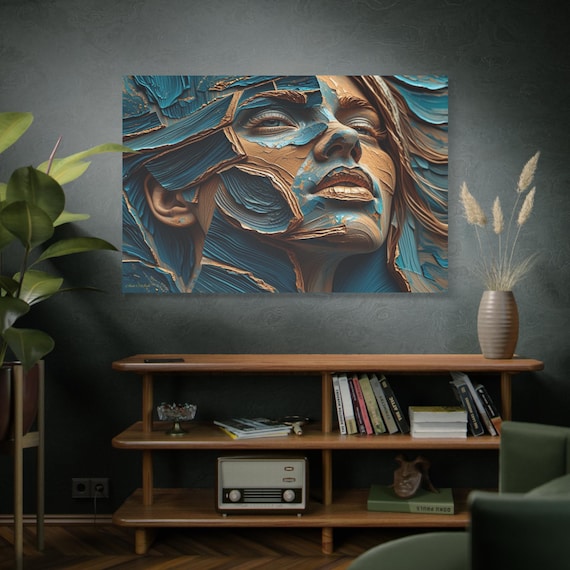 Lapis Stratum, Textured Teal-Gold Portrait Canvas Print, Abstract Face, Modern Wall Art, Boho Galary.
