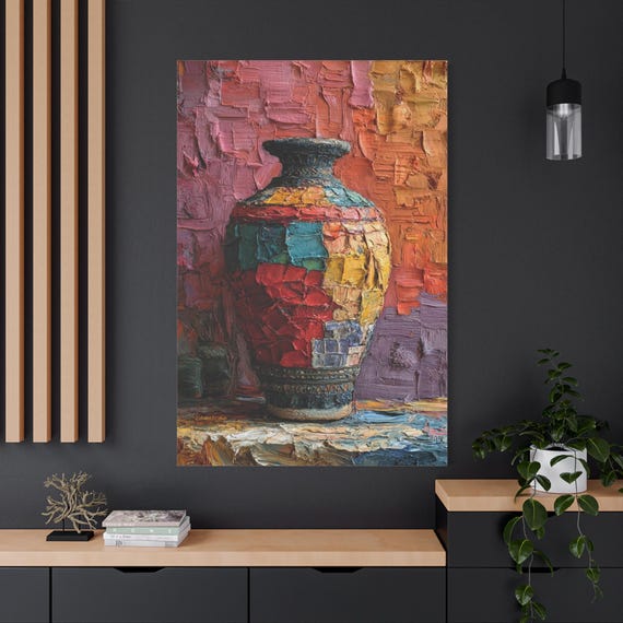 Canvas Wall Art, Patchwork Vessel, Colorful Vase, Boho Home Decor, Textured Artwork - Matte Canvas