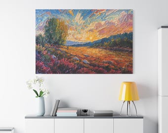 Puede incluir: Pintura al óleo sobre lienzo que representa una puesta de sol sobre un campo. El cielo es una mezcla de tonos azules, naranjas y rosas. Un árbol verde y una línea de árboles verde oscuro están a la izquierda y a la derecha. Flores rojas y moradas en primer plano.