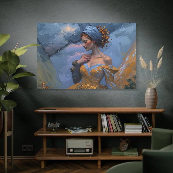 Azure & Gold Reverie, Elegiac Woman Portrait Matte Canvas Print.