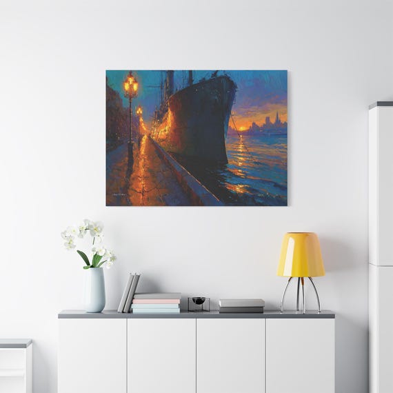 Vintage Ship Canvas Print - Moody Harbor Wall Art - Impasto Maritime Print - Nautical Industrial Decor - Twilight City Seascape Art