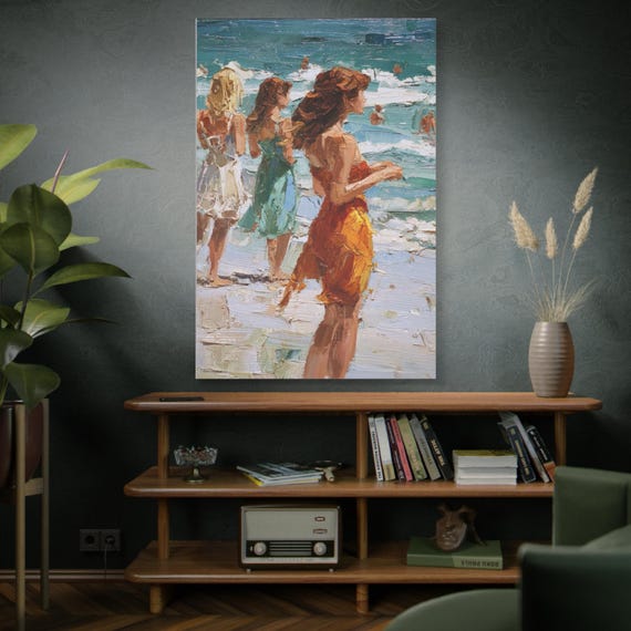 Coastal Impasto Canvas Art, Seaside Women, Beach Home Decor