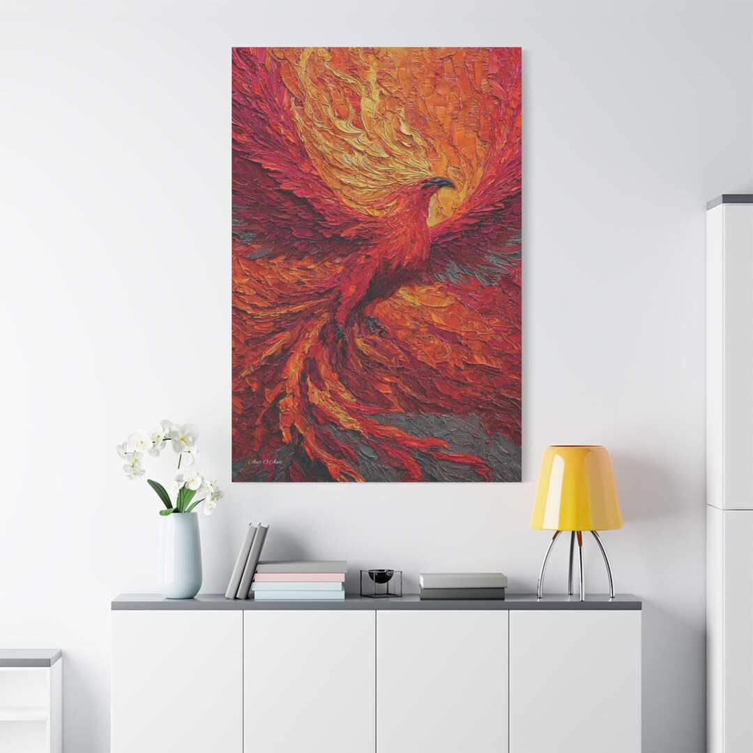 Fiery Phoenix Canvas Print - Rising From Ashes Art - Impasto Fire Bird ...