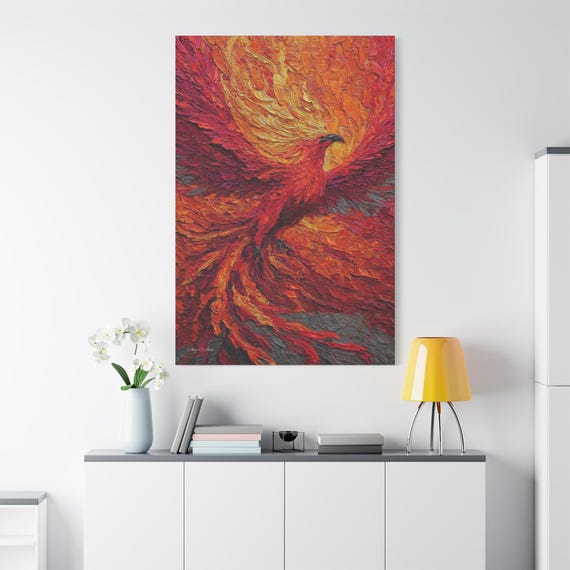Fiery Phoenix Canvas Print - Rising From Ashes Art - Impasto Fire Bird Print - Rebirth Symbol Decor - Red and Orange Wall Art - Motivational